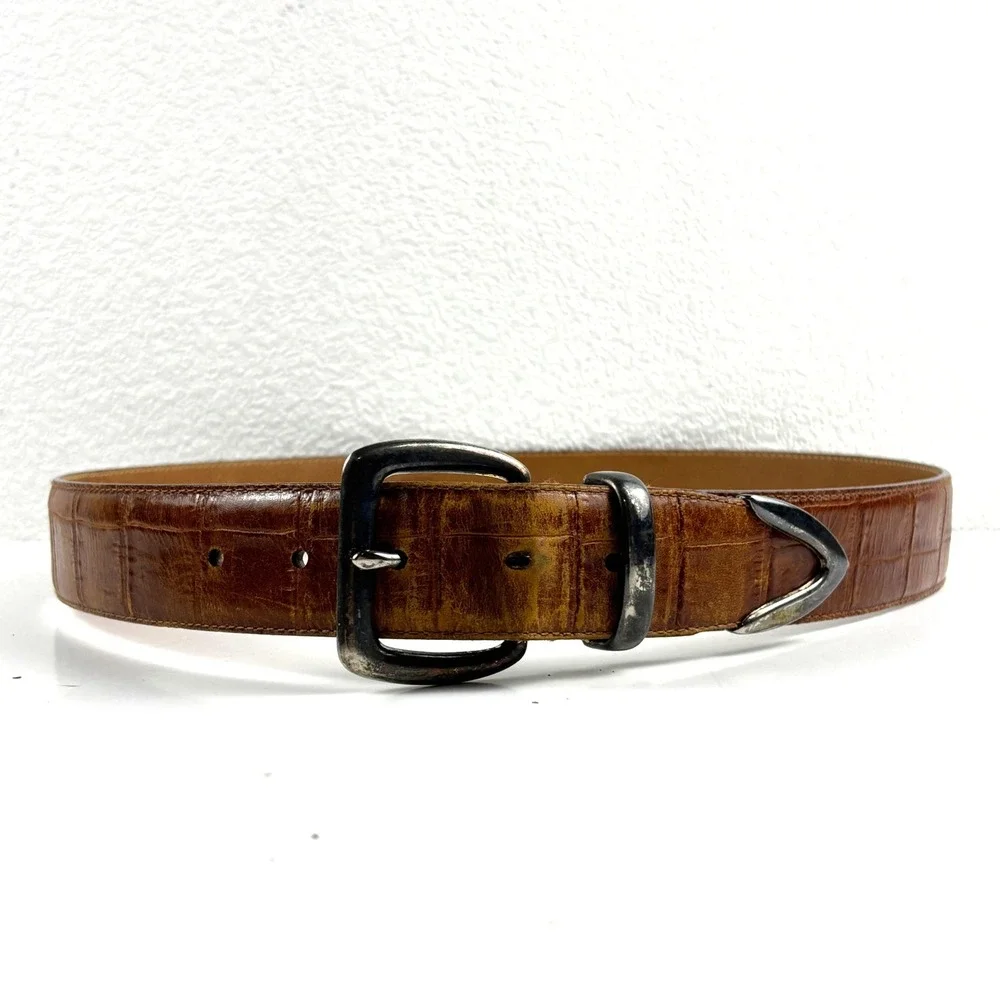 Fossil Belt Mens Large Brown Italian Leather Croc Embossed BT7030 Western Cowboy